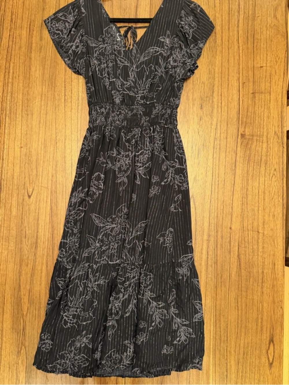 GAP Black Floral Smocked Waist Midi Dress Flutter Sleeve Small